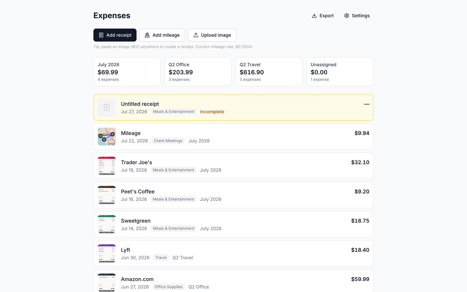 Expense home page: report totals, receipts with thumbnails, and a mileage entry